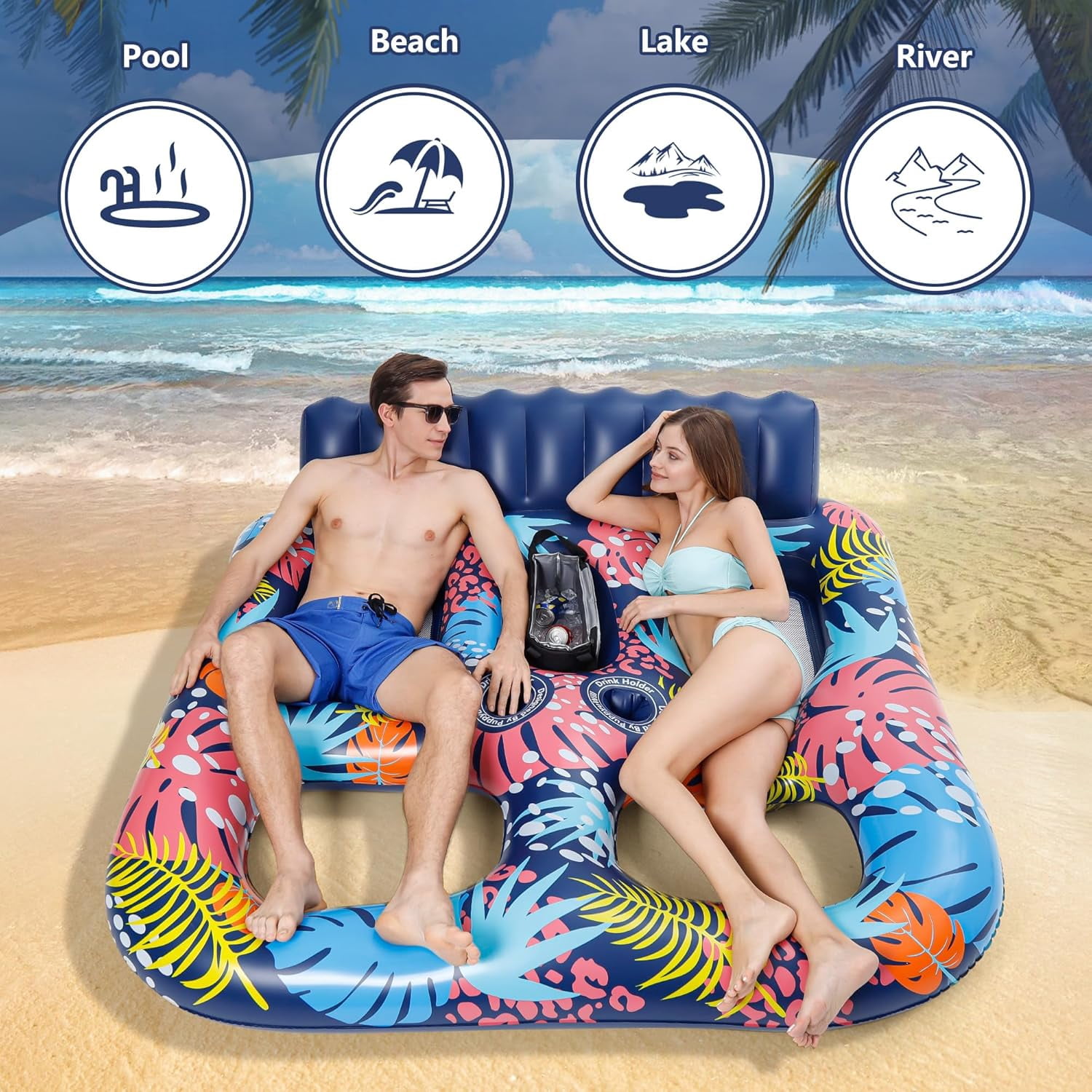 2-Person Inflatable Pool Floats Adult Heavy Duty, 71" x 61" Pool Lounger Float with Cup Holders & Backrest & Removable Insulated Cooler, Thickened Swimming Raft for Pool Party, Lake, Beach, River