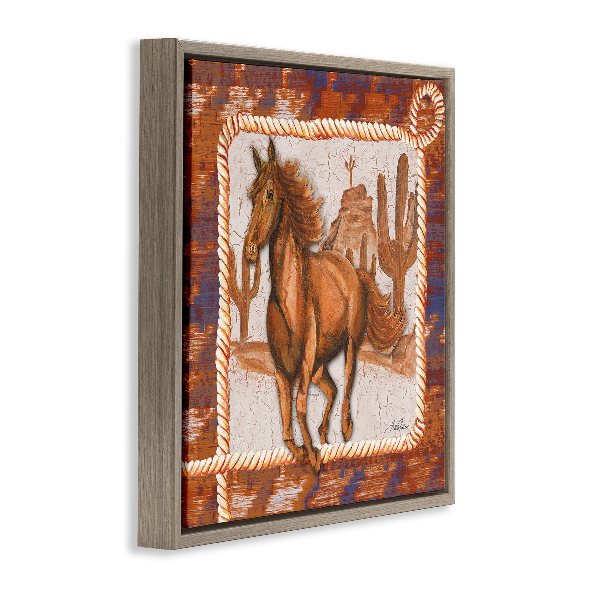 Stupell Industries Western Horse in Desert Landscape Painting Brown Floater Framed Canvas Art Print Wall Art, 18 x 18