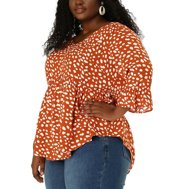 Women's Plus Size Blouse V Neck 3/4 Ruffle Sleeve PolDots Peplum Top Orange 3X