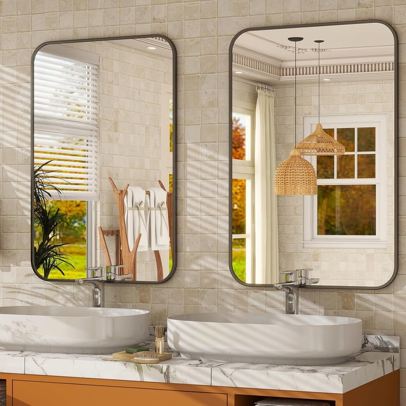 Clarvion 20"x28" Rounded Edge Rectangle Bathroom Mirror Wall Mounted Vanity Mirror,Black