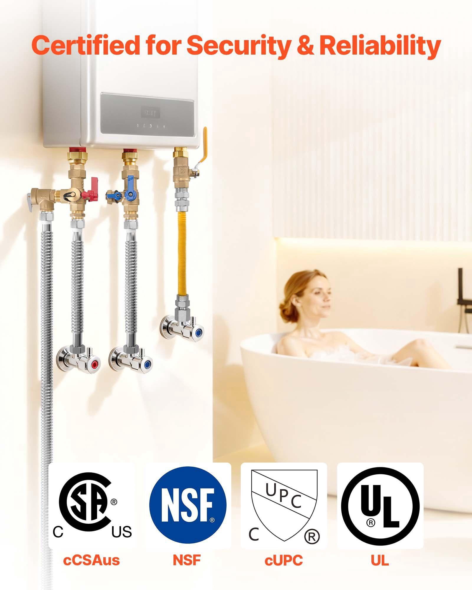 3/4 Inch Water Heater Repair Kit with 600 WOG Valves Pressure Relief Valve Ball Valve Gas Hose Compatible with Tankless Heaters