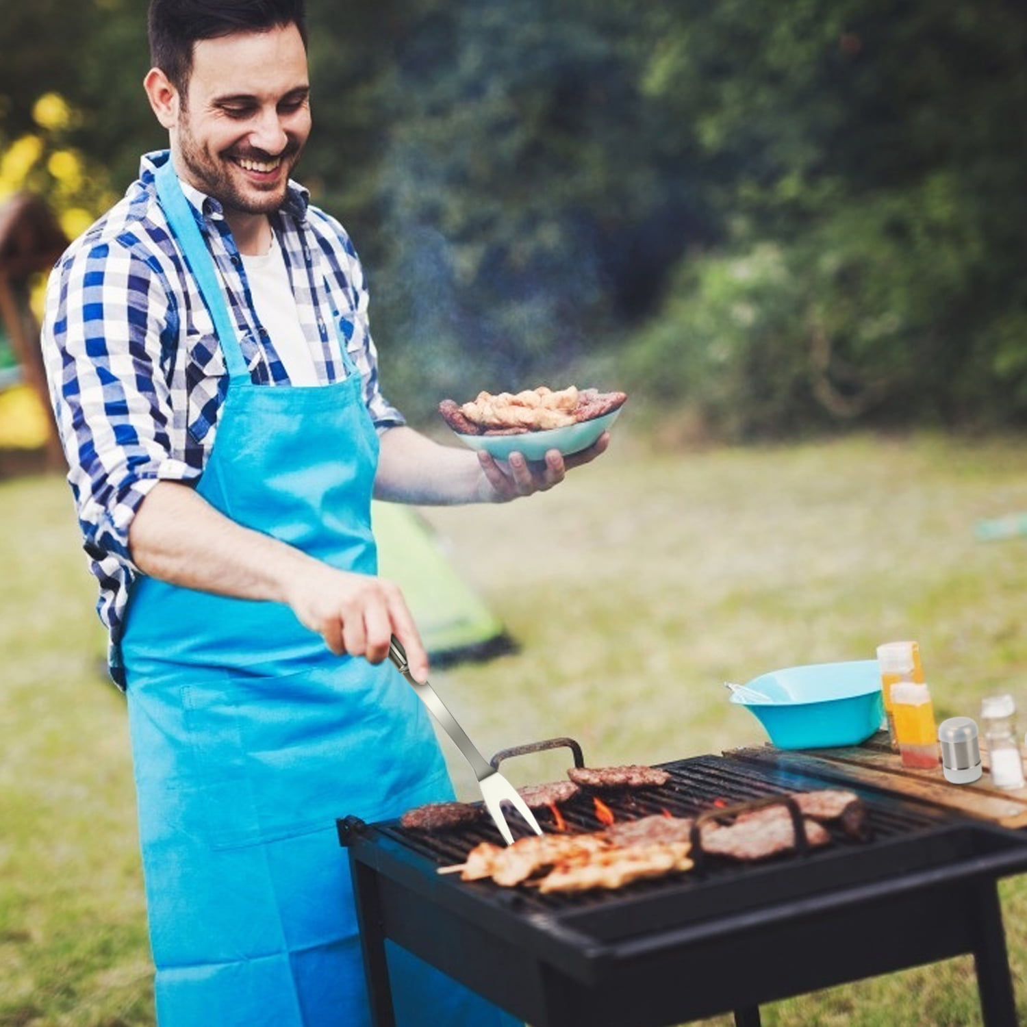 LakeForest Stainless Steel BBQ Grill Tool Kit Grilling Utensil Accessories w/ Spatula Tongs Fork Knife Brush Pepper Salt Shaker Bottle Grilled Skewers Corn Needles