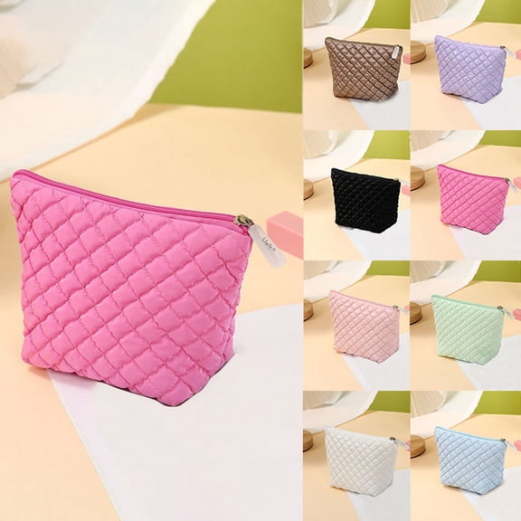 Hfnxid Puffer Quilted Makeup Bag with Handle, Cute Puffy Cotton Cosmetic Bags for Women, Checkered Toiletry Zipper Pouch, Travel Essentials Storage Organizer Clutch Pouches Pencil Case