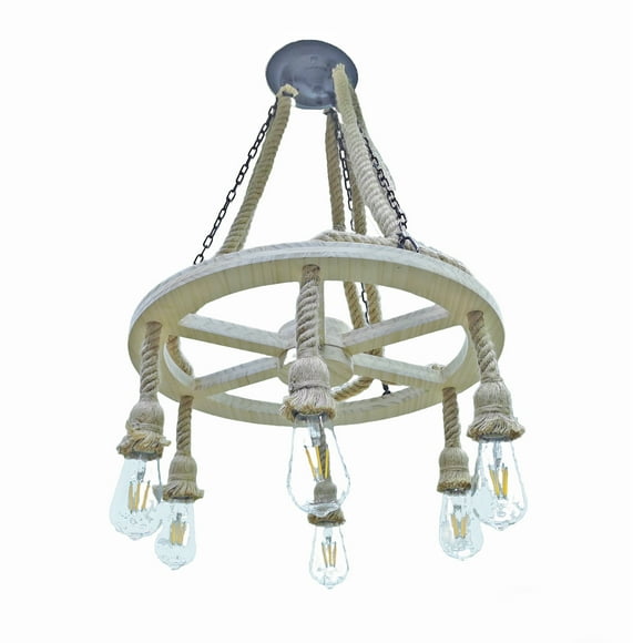 FixtureDisplays® 35.6 x 21" Farmhouse Wagon Wheel Chandelier – 21" Diameter, Solid Wood & Metal, 6 Yellow 4W Bulbs, 2700K Warm Light 10245