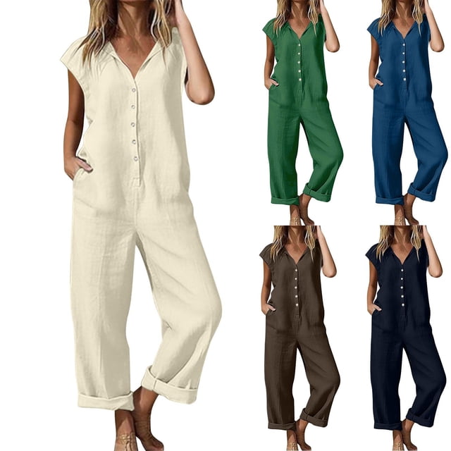 Sentmoon Combinaison en Lin Sans Manches pour Femmes, Décontractée, Couleur Unie, Boutonnée, Coupe Régulière, Tailleurs Pantalons pour Femmes, Chic, Été, pour Concert et Rave, P-2TG