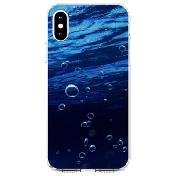 DistinctInk Clear Shockproof Hybrid Case for iPhone X / XS (5.8" Screen) - TPU Bumper, Acrylic Back, Tempered Glass Screen Protector - Water Bubbles Blue