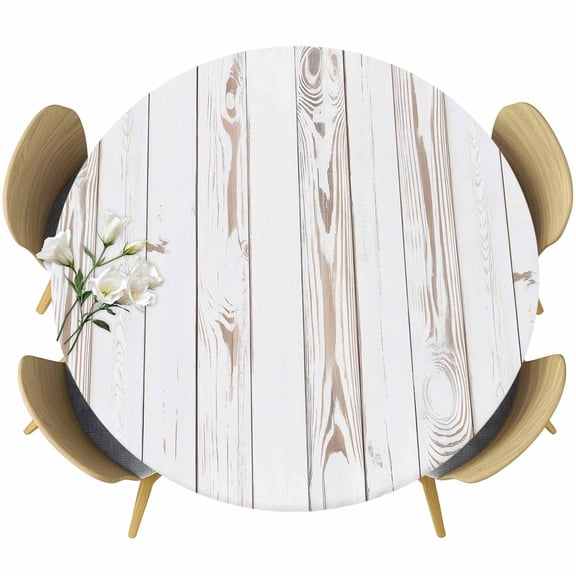 White Wood Grain Round Tablecloth, Fitted Table Cover with Elastic for 55"-60" Round Tables, Country Farmhouse Wooden Plank Table Cloth Outdoor Indoor Dinning Party Waterproof Tablecloths