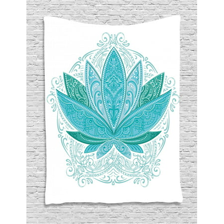 Lotus Tapestry, Lotus Flower with Ornaments Ethnic Exotic Petals Mehndi Traditional Boho Design, Wall Hanging for Bedroom Living Room Dorm Decor, Teal Sky Blue, by