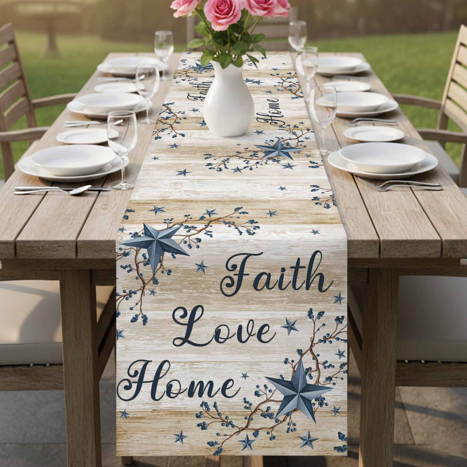 Vintage Country Cotton Linen Table Runner for Dining Kitchen, Blue Rustic Texas Star Vines Wooden Grain Wedding Outdoor Party Tablerunners, Dresser Scarf Coffee Tablecloth Runners 13x60 Inches
