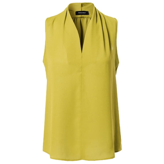 FashionOutfit Women's Solid Chiffon High V-Neck Sleeveless Office Blouse Top Made in USA