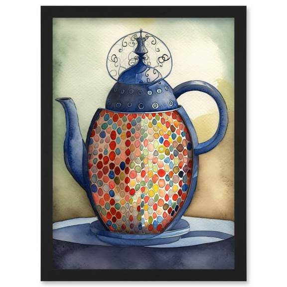 Enamelled Teapot Colourful Tea Kettle Folk Art Watercolour Painting Artwork Framed Wall Art Print A4