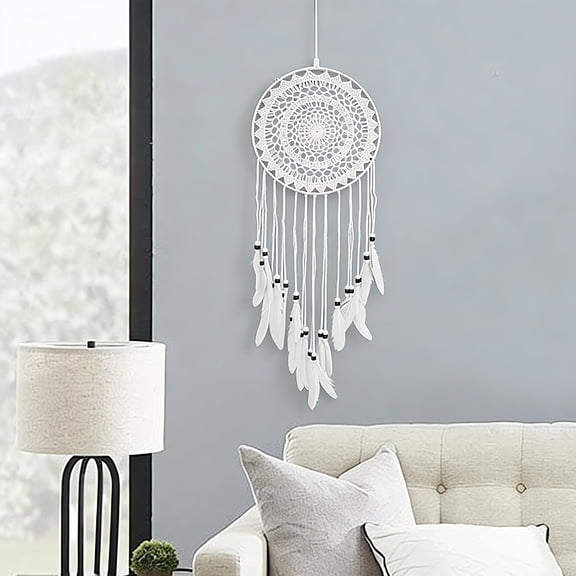 Handmade Woven Dream Catcher with White Feathers, 7.87in Diameter 26in Total Length Boho Wall Hanging Ornament, Bohemian Home Decor for Bedroom, Living Room, Wedding, Housewarming Gift