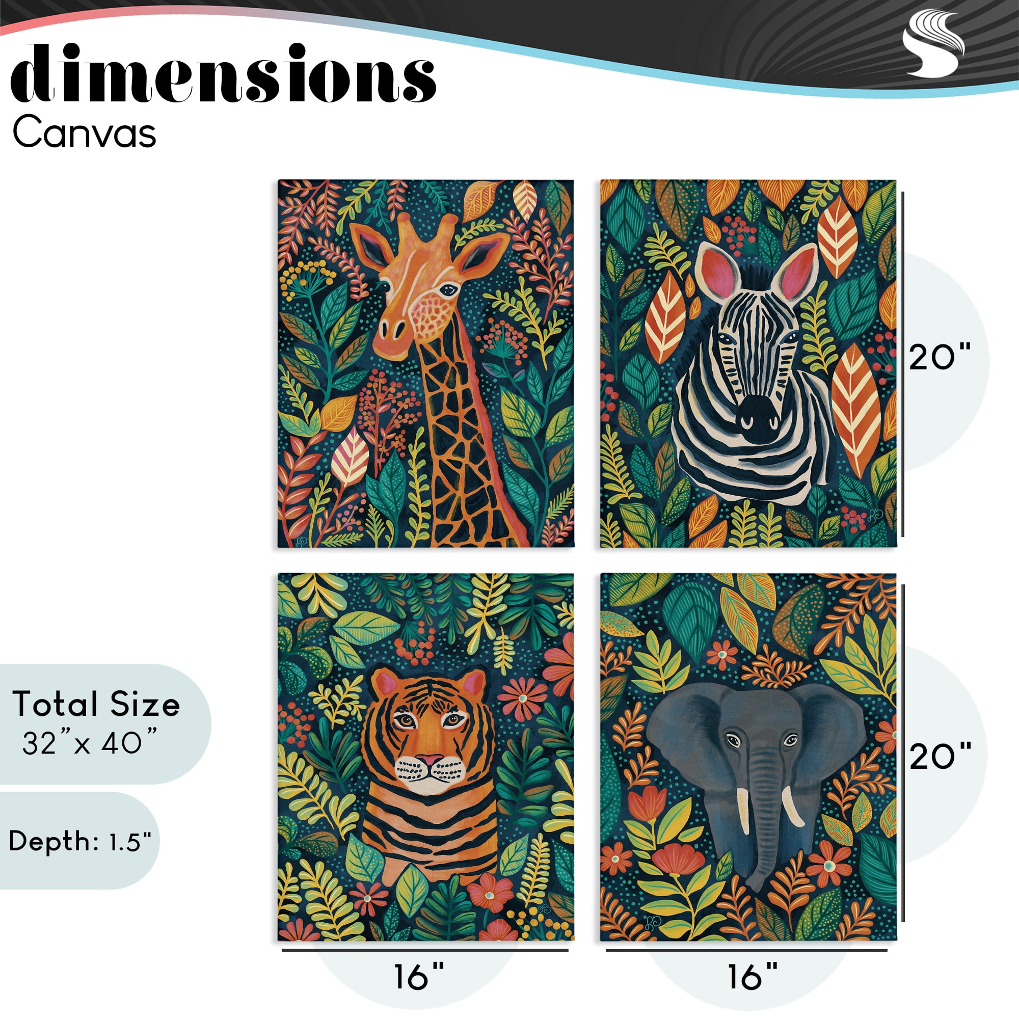 Stupell Industries Jungle Leaf Pattern Animals 4 Piece Canvas Wall Art Set, design by Lisa R Dumm
