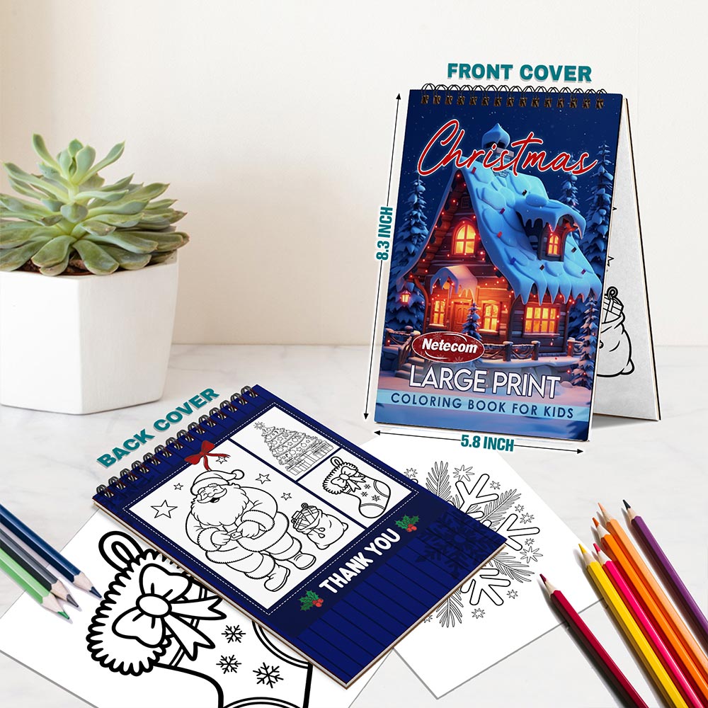 Netecom Large Print Christmas Coloring Book Spiral Bound for Adults, A5 Wooden Cover, 30 Stunning Coloring Pages of Cute Decorating the Christmas Tree for Stress Relief and Relaxation