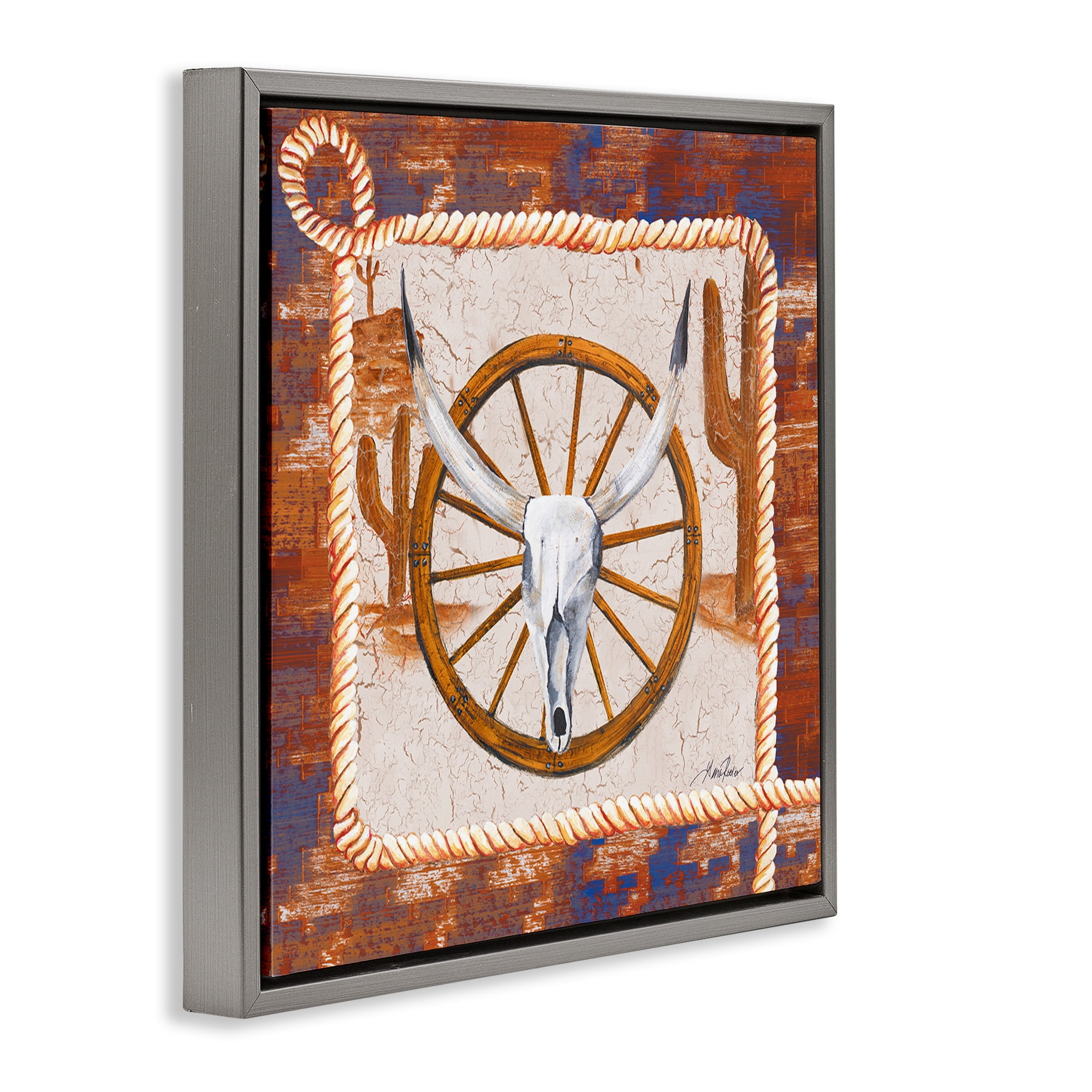 Stupell Industries Western Desert Wheel Landscape Painting Gray Floater Framed Canvas Art Print Wall Art, 18 x 18