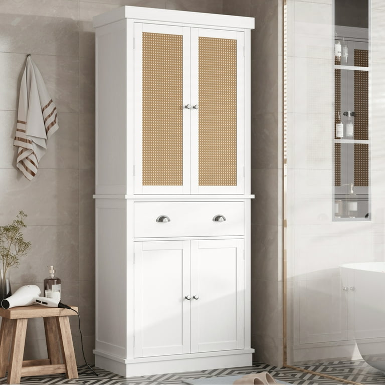 Homfa 72.4 Tall Bathroom Storage Cabinet with Drawer 4 Rattan Door Modern Freestanding Floor Cabinet White