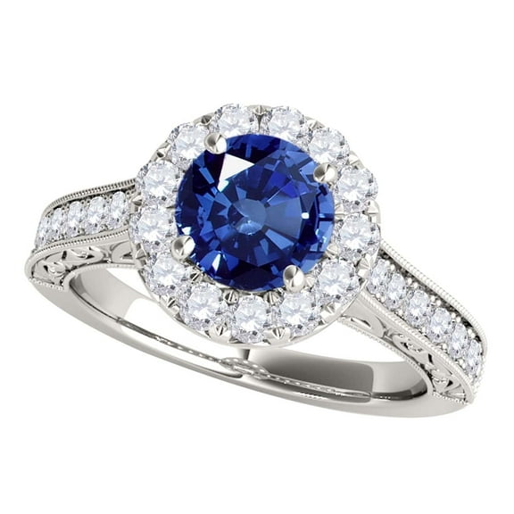 Mauli Jewels 1.40 Carat Sapphire Engagement Ring for Women – Halo Diamond Ring in 14K White Gold with Natural Sapphire Center Stone