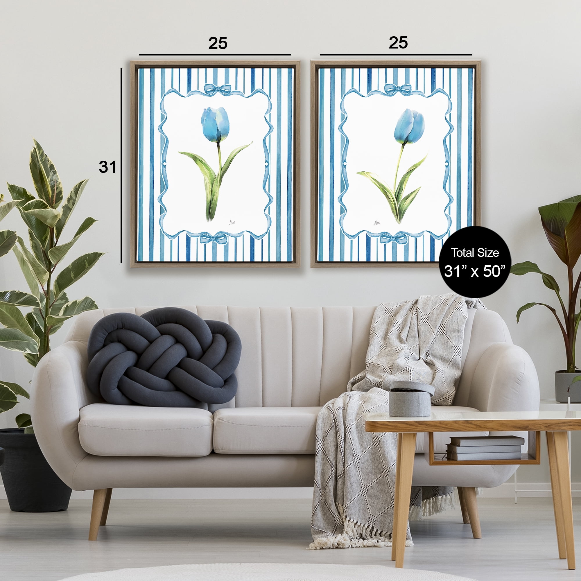 Stupell Industries Blue Tulips with Feminine Ribbon 2 Piece Brown Framed Floater Canvas Set, design by Nan