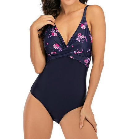 ZhiZhuang One Piece Swimsuit for Women 2024 Women s Tummy Control Swimsuits V-Neck Floral Print Push-Up Pad Bikini Set Swimsuit