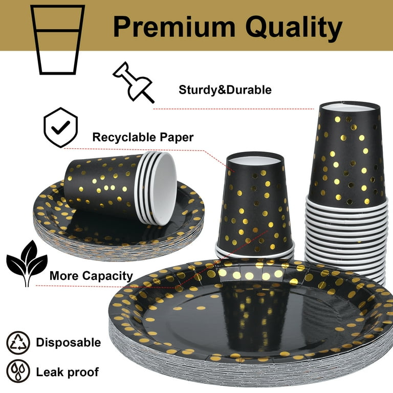 Aschef 202pcs Eco Friendly Disposable Tableware Set Black Gold Foil Dot Design for 25 Guests Walmart