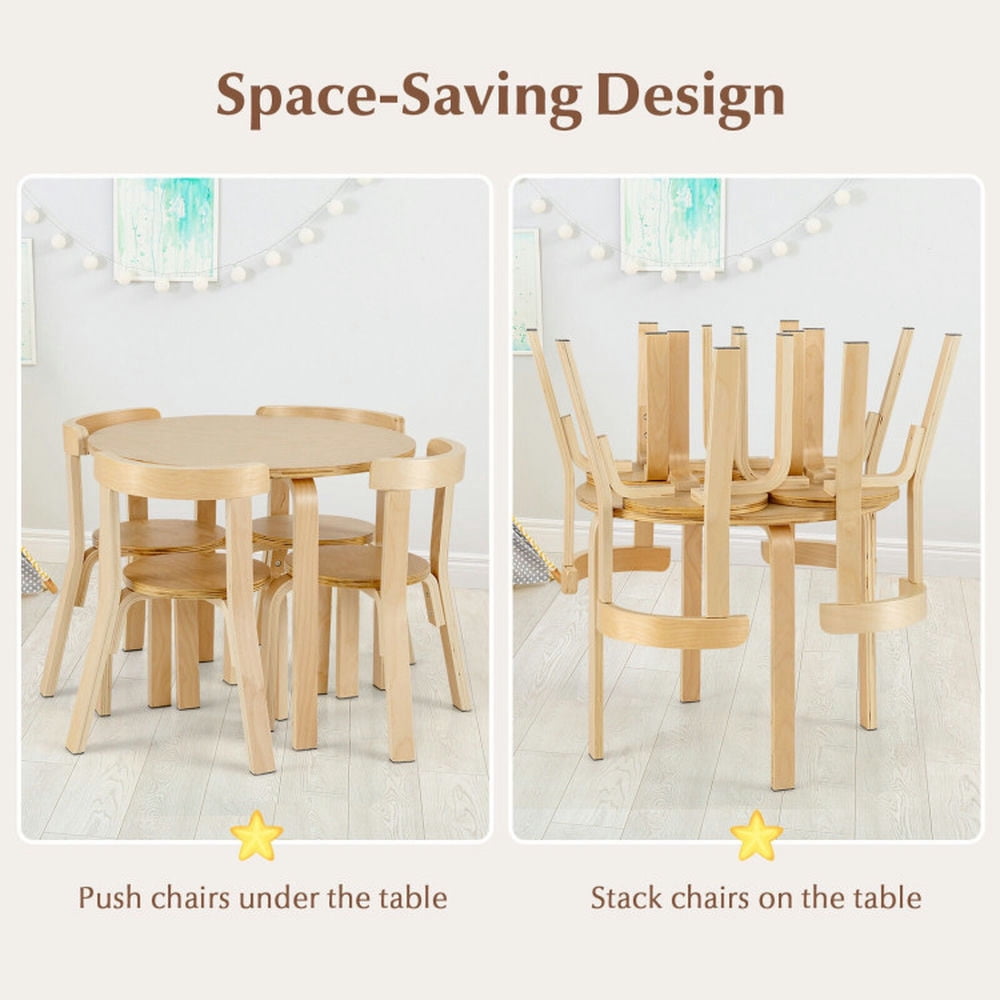 Resenkos 5-Piece Kids Wooden Curved Back Activity Table and Chair Set with Toy Bricks-Natural, Small Folding Table for Arts & Crafts, Snack Time, Homeschooling, Homework