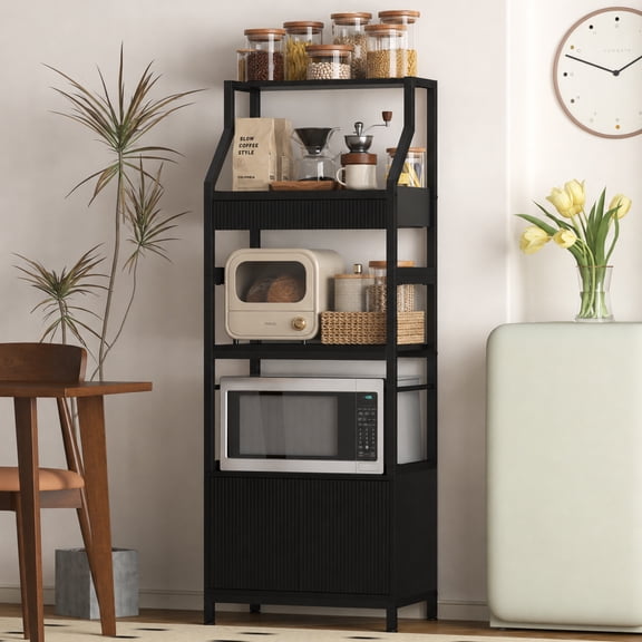 Katalora 5-Tier Bakers Rack with Storage Cabinet and Drawer, Black Industrial Microwave Stand, Narrow Kitchen Shelf, Coffee Bar Station for Kitchen, Dining Room