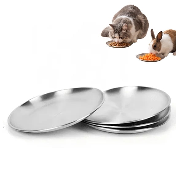 JWGIETK 4-Pack Stainless Steel Cat Food Bowls, Shallow Whisker-Friendly Non-Slip Silicone Base Metal Dishes, Easy to Clean Indoor Feeding Flat Plates for Cat, Kitten, Small Dog (6.7")