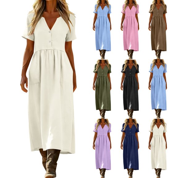 Womens Dresses V Neck Button Down Midi Dress Short Sleeve Linen Texture Loose Flowy Casual Dress with Pockets Vacation Sundress XXL