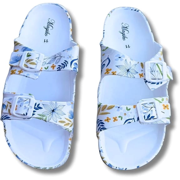 Magiko Slides Sandals for Women/Men, Adjustable Double Buckle EVA Flip-Flops Pillow Slippers, Floral White-2 , Size 8