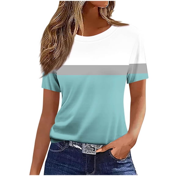 Maplenight Color Block T Shirts for Women Crew Neck Short Sleeve Casual Summer Tops Vacation Outfits Holiday Shirts