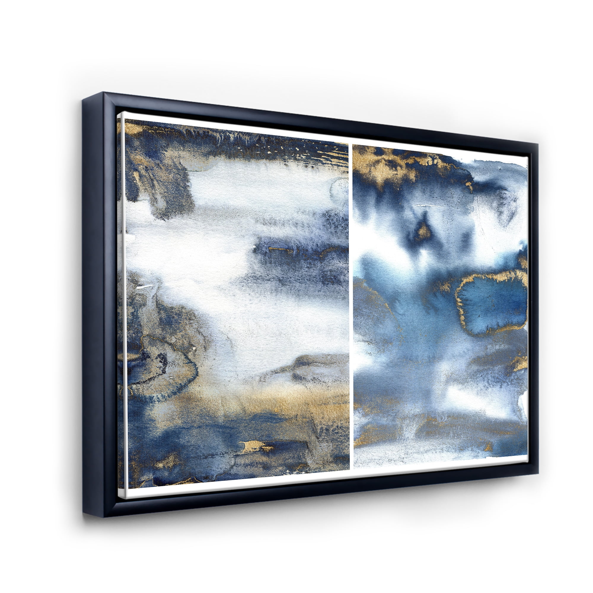Designart 'Gold and Dark Blue Abstract Waves I' Modern Framed Canvas Wall Art Print