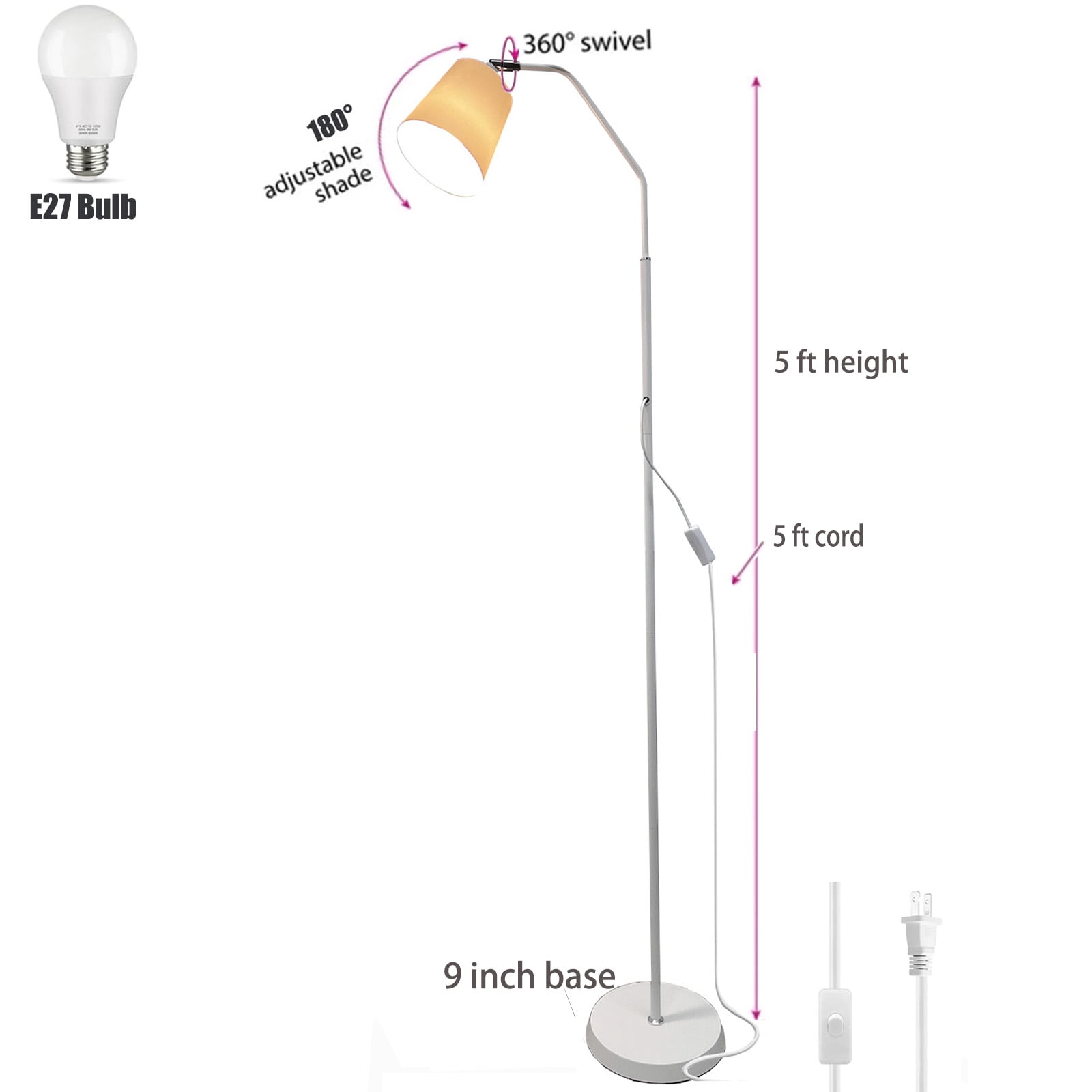 SUSUZI 60 inch White Floor Lamp for Bedroom Living Room, Modern Dimmable Standing Lamps - Bulb Included