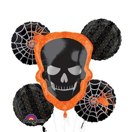 - Anagram Skeleton Halloween Foil 5pc Balloon Bouquet, Black Orange White