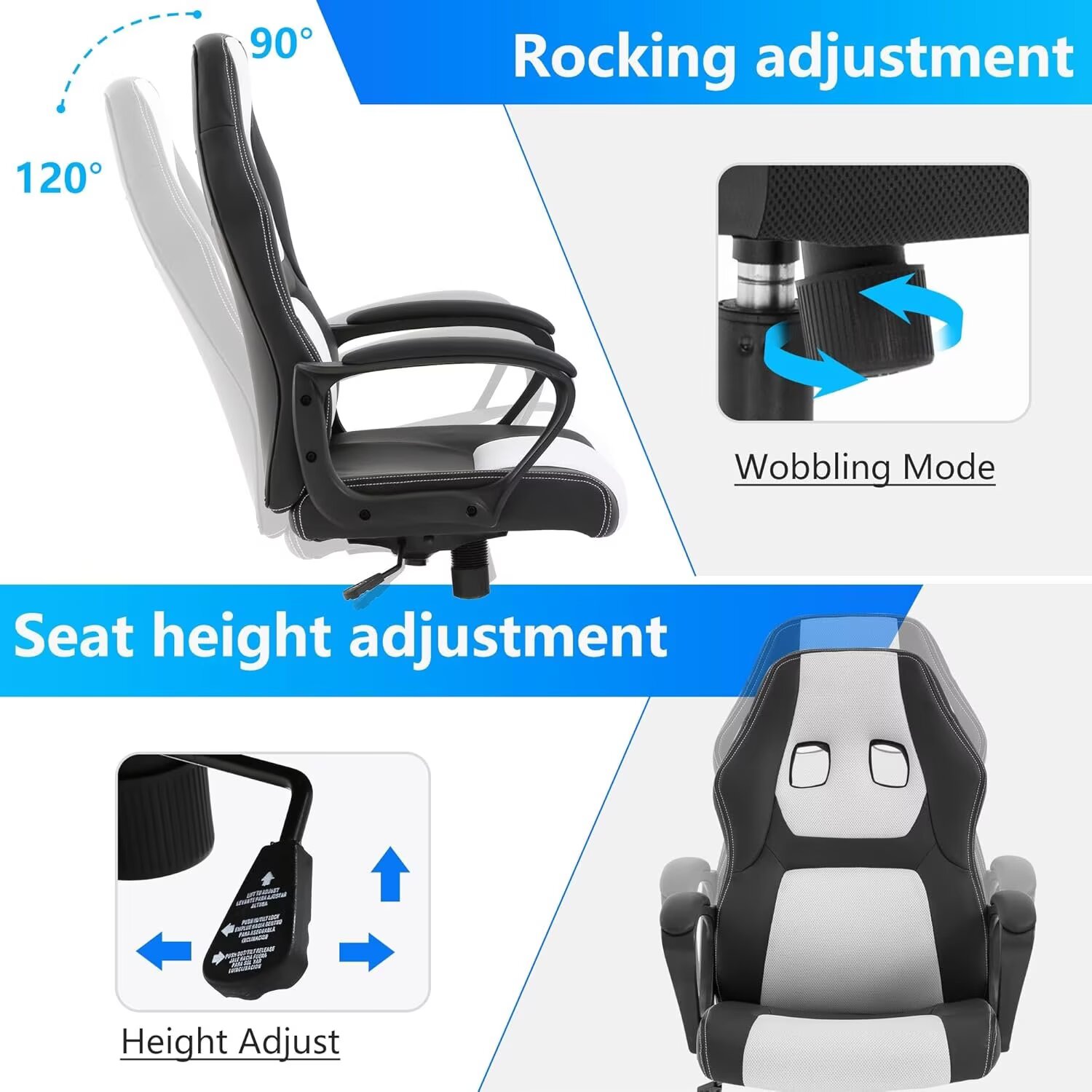 YRLLENSDAN Adjustable Gaming Chair Ergonomic Leather with Massager, Rolling Home Office Desk Chairs With Armrest and Lumber Support, Comfortable Computer Chair with Wheels for Adults, White