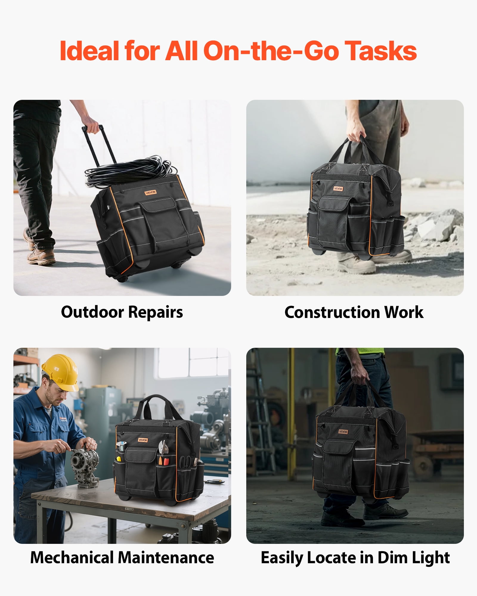 VEVOR Rolling Tool Bag, 110 lbs Load Capacity, 25 Pockets Heavy Duty Roller Tool Bag on Wheels, Adjustable Telescoping Handle & Stable Base, Toolbag Organizers with Wheels for Construction, Mechanic