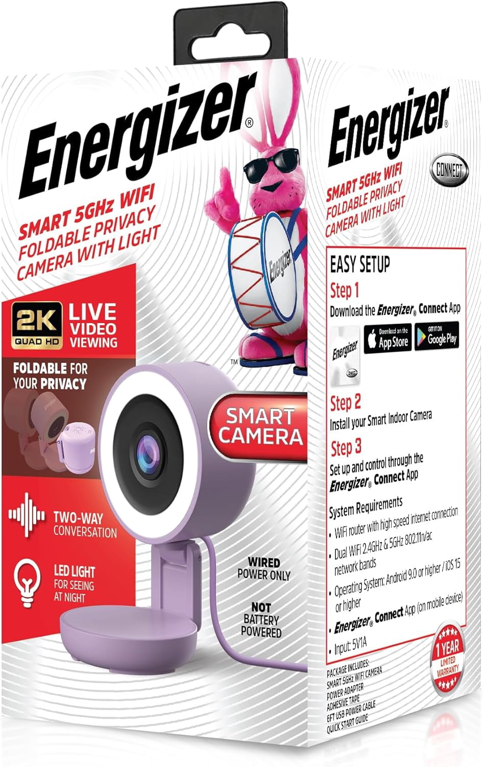 Energizer Smart 2K Wired Indoor Camera with Light for Night Vision, Foldable for Privacy, Remote Access, 130° Wide Angle, Recording, Instant Motion Alerts, Two-Way Audio, Hub-Free Wi-Fi (White
