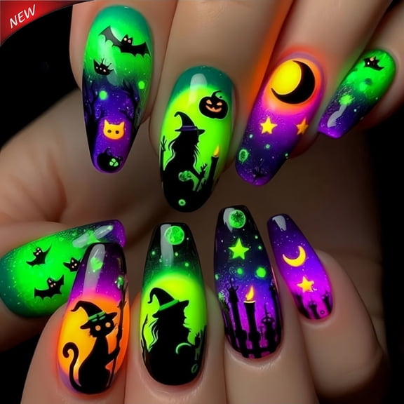 Halloween Acrylic Press On Nails Full Cover Fake False Nails Reusable Gradient Witch Pumpkin Spooky Fall Long Coffin Stick On DIY Manicure Nail Kit 24 Pcs For Women Girls Halloween Party Daily Outfit