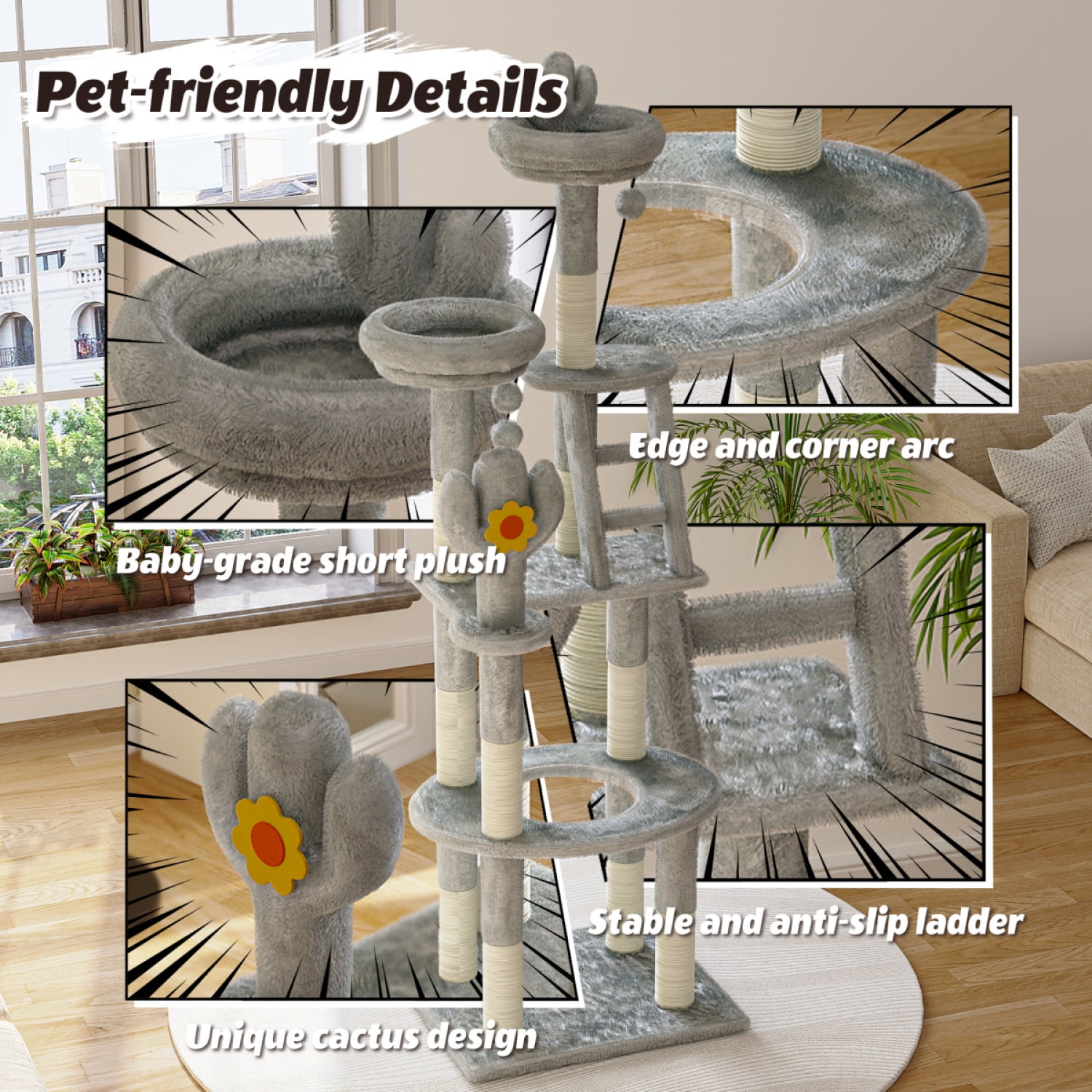 Gray 72in Cactus Cat Tree Tall Cat Tower for Indoor Cats with Transparent Capsule Sisal Scratching Posts Plush Perches Interactive Toys Multi Level Activity Center for Kittens and Large Cats