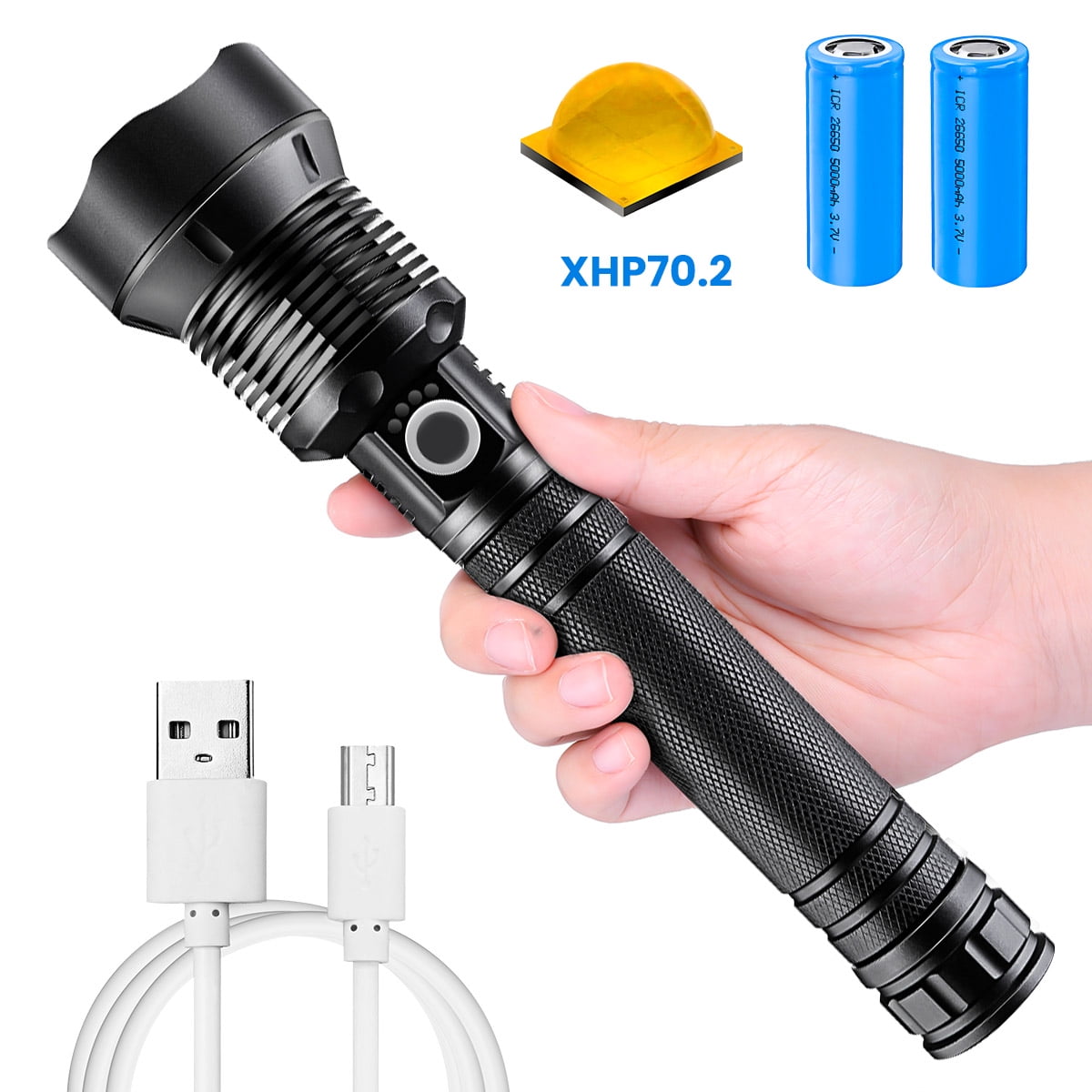 Batteries Included IPX5 Waterproof LED Flashlight Zoomable Rechargeable Tactical Flashlight 90000 High Lumens,5 Modes Power Bank Bright Flashlight for Outdoor/Indoor/Emergencies