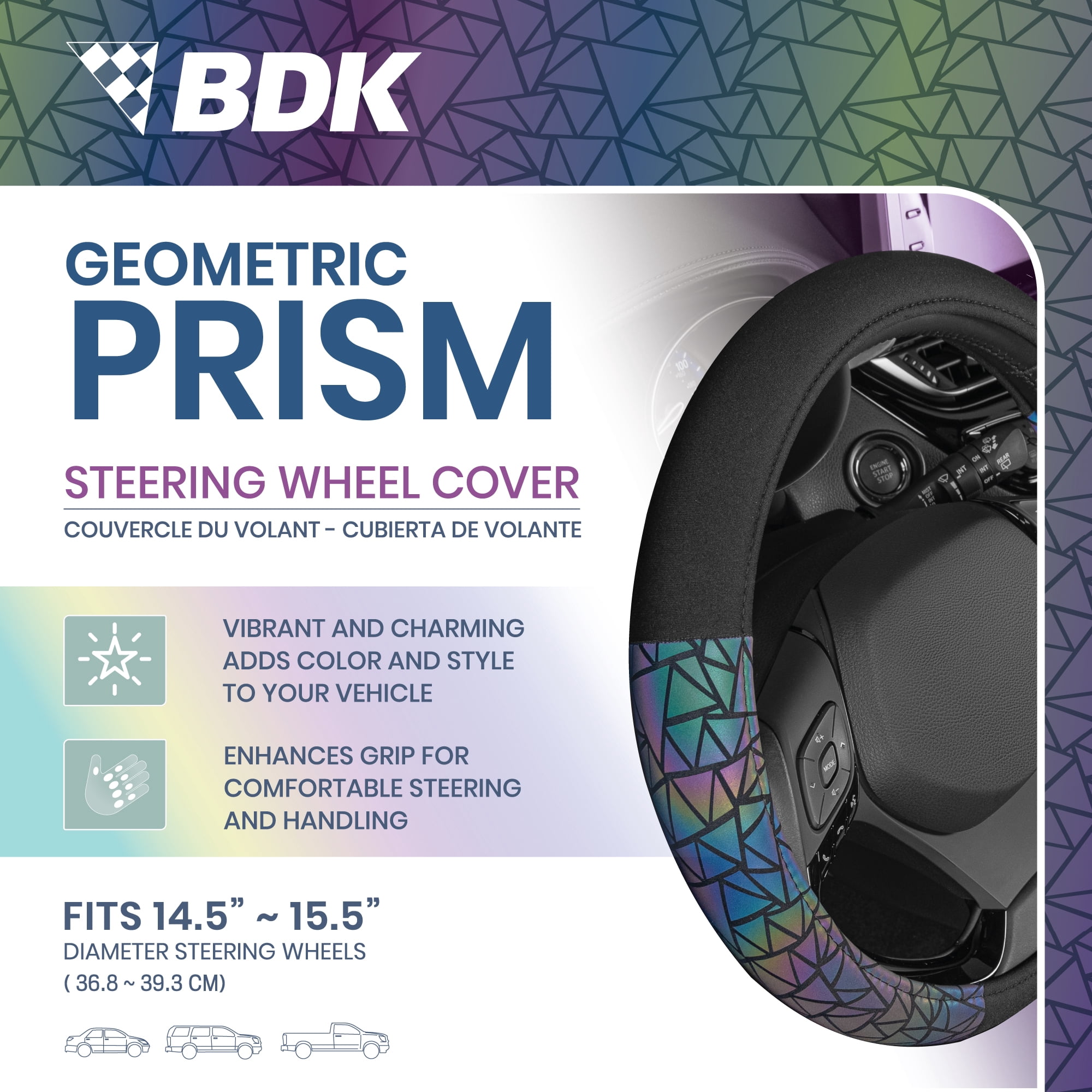 BDK Geometric Prism Sparkle Glitter Steering Wheel Cover - Car Steering Wheel Cover for Women with Shiny Holo Bling Accents, Universal Fit for Car Truck Van SUV Wheel Sizes 14.5 to 15.5 Inches