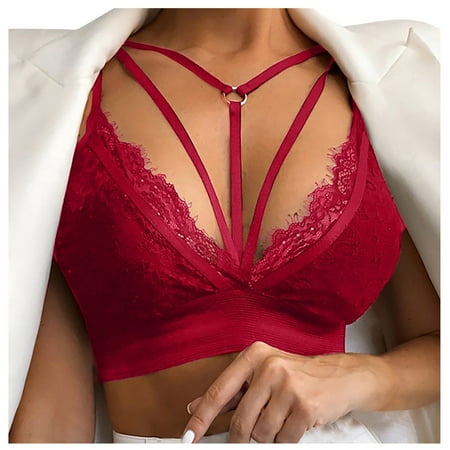 

Knosfe Women s No Underwire Bra Wireless Bra Eyelash Strappy Lace Wireless Bras Wine Red 2XL