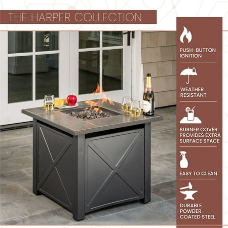 Mod Furniture - Harper 40,000 BTU Tile-Top Gas Fire Pit Table with Burner Cover and Lava Rocks - Grey/Faux Wood