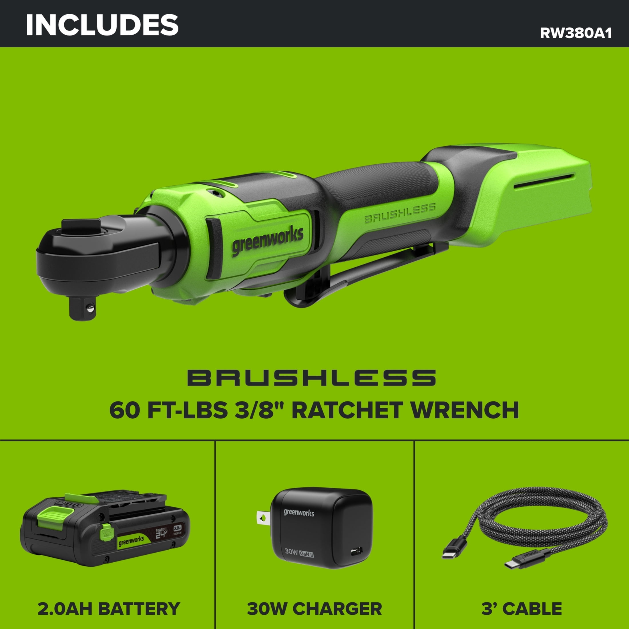 Greenworks PowerAll 24V Brushless 60 ft-lb 3/8" Ratchet Wrench, 2Ah Battery and 30W Cable, RW380A1