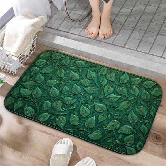 1pc Green Leaf Pattern Absorbent Non-Slip Bathroom Thickened Flannel Rug Decor,Soft,Quick Drying,Suitable For Indoor/outdoor Use,Bathrooms,Bedrooms,Kitchens,Terrace,Laundry Rooms,16"x24"
