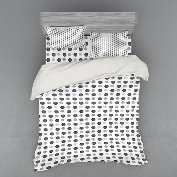 Floral Duvet Cover Set, Repeating Pattern with Rose Petals and Dotted Rounds Monochrome Art, Bedding Set with Shams and Fitted Sheet, 3 Sizes, by Ambesonne