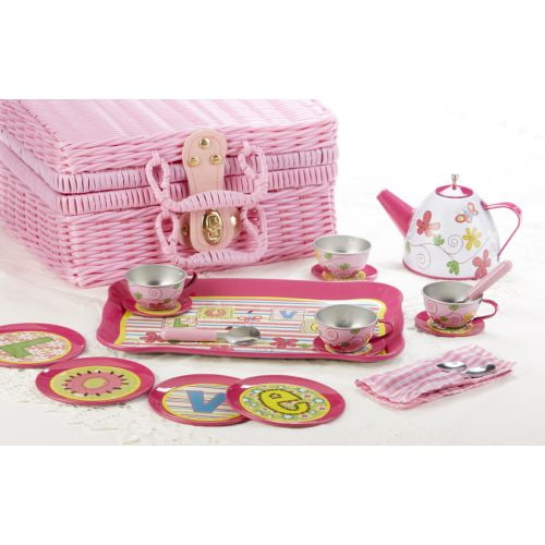 Delton 4 Inches Tin 19 Pieces Tea Set With Basket, Pink Love Walmart