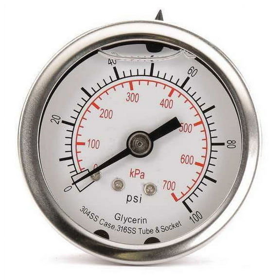 ZoroSelect Pressure Gauge, 0 to 100 psi, 1/4 in MNPT, Stainless Steel, Silver