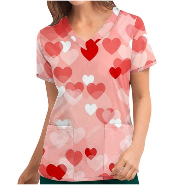 Fiudx Camisetas para Mujer Top de Enfermera con Cuello En V y Manga Corta con Bolsillo Estampado para El Día de San Valentín para Mujer