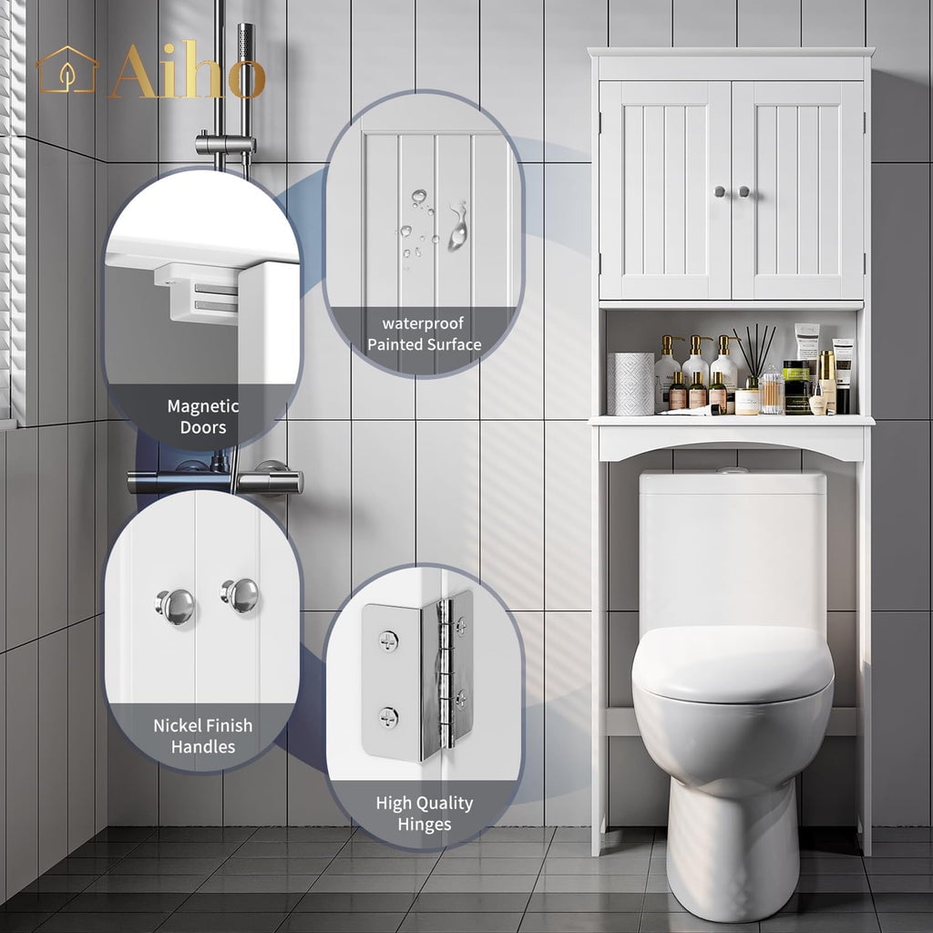 Aiho 66.1" over the Toilet Storage Cabinet with Adjustable Shelf and Open Storage Shelf, Freestanding - White