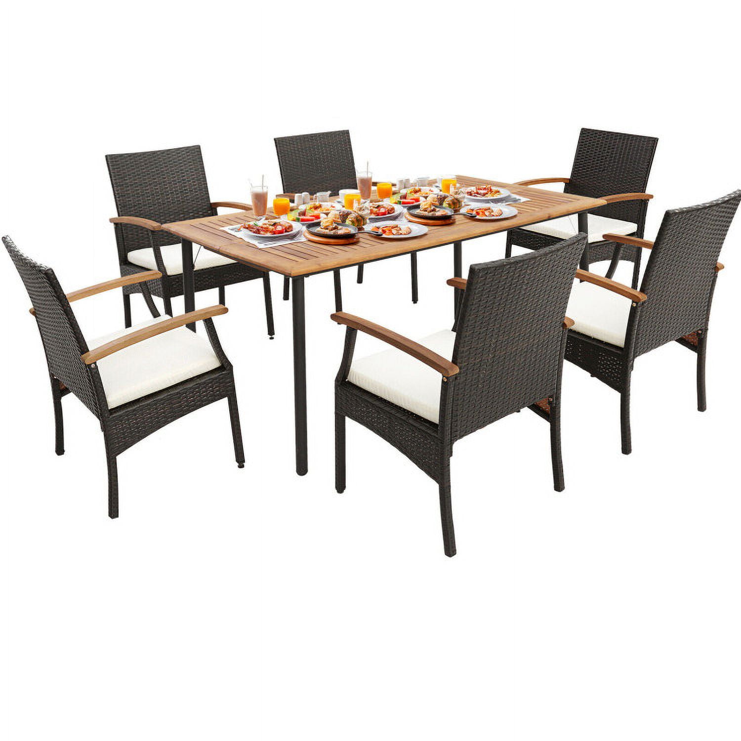 Aimee Lii 7 Pieces Patio Wicker Cushioned Dining Set with Wood Armrest and Umbrella Hole, Outdoor Patio Furniture Aimee Lii 7 Pieces Patio Wicker Cushioned Dining Set with Wood Armrest and Umbrella Hole, Outdoor Patio Furniture